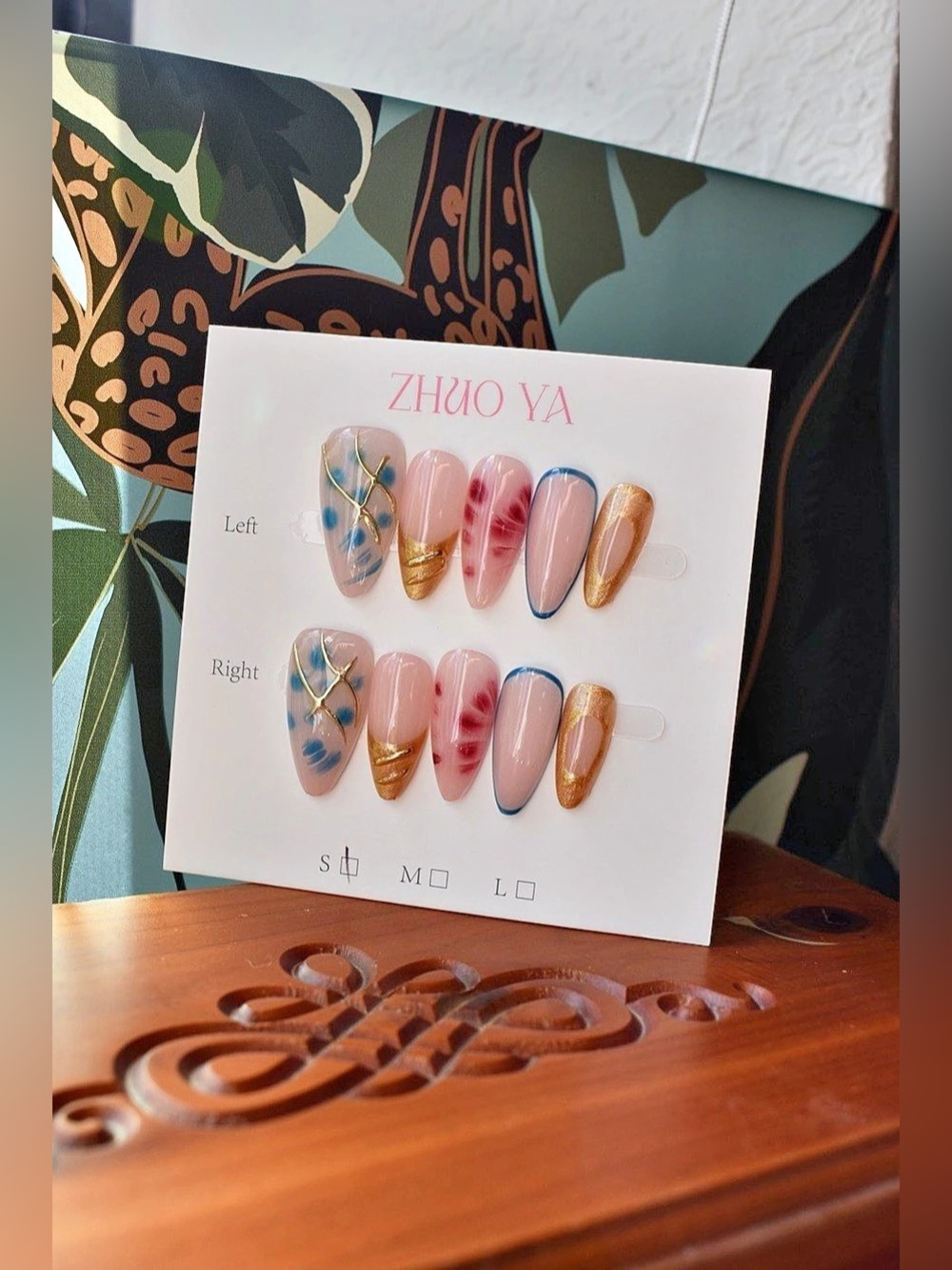 Pink Floral Abstract Gold Accent Press-On Nails – Size Small – 2.5 Length